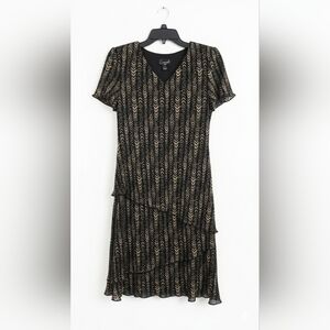Connected Apparel Black and Gold Patterned Midi Dress